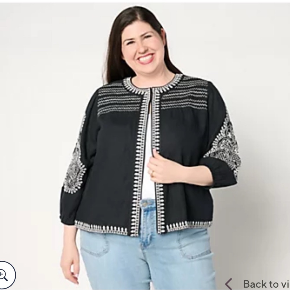 NWOT BEAUTIFUL by Lawrence Zarian Smocked Embroidered Novelty Jacket 1X linen